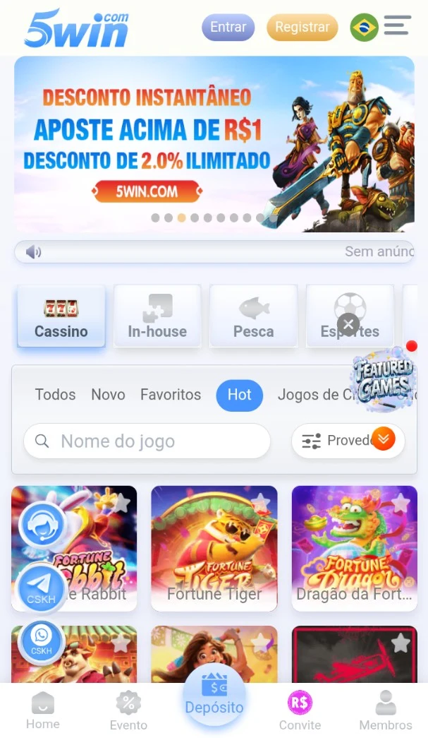 5win App Android: home do APK com bottom nav de 5 abas (Cassino, Pesca, Esportes) e slots Fortune Rabbit e Tiger