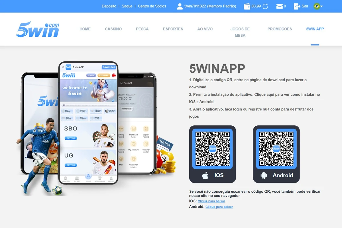 Página 5WIN APP no desktop com QR codes para iOS e Android mais botão direto de download do APK 4,55 MB