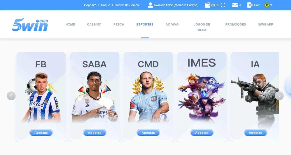 Carrossel ESPORTES do 5win Bet com 7 sportsbooks parceiros: FB Sports, SABA, CMD368, eSports Bull, IA, UG e SBOBet