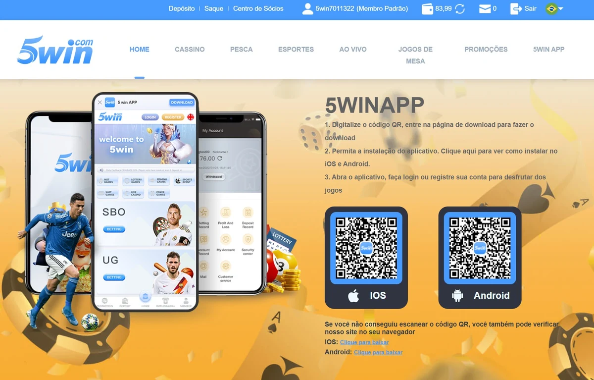 App 5win Android 4,55 MB: bloco oficial na homepage com QR code para baixar o APK sem Google Play