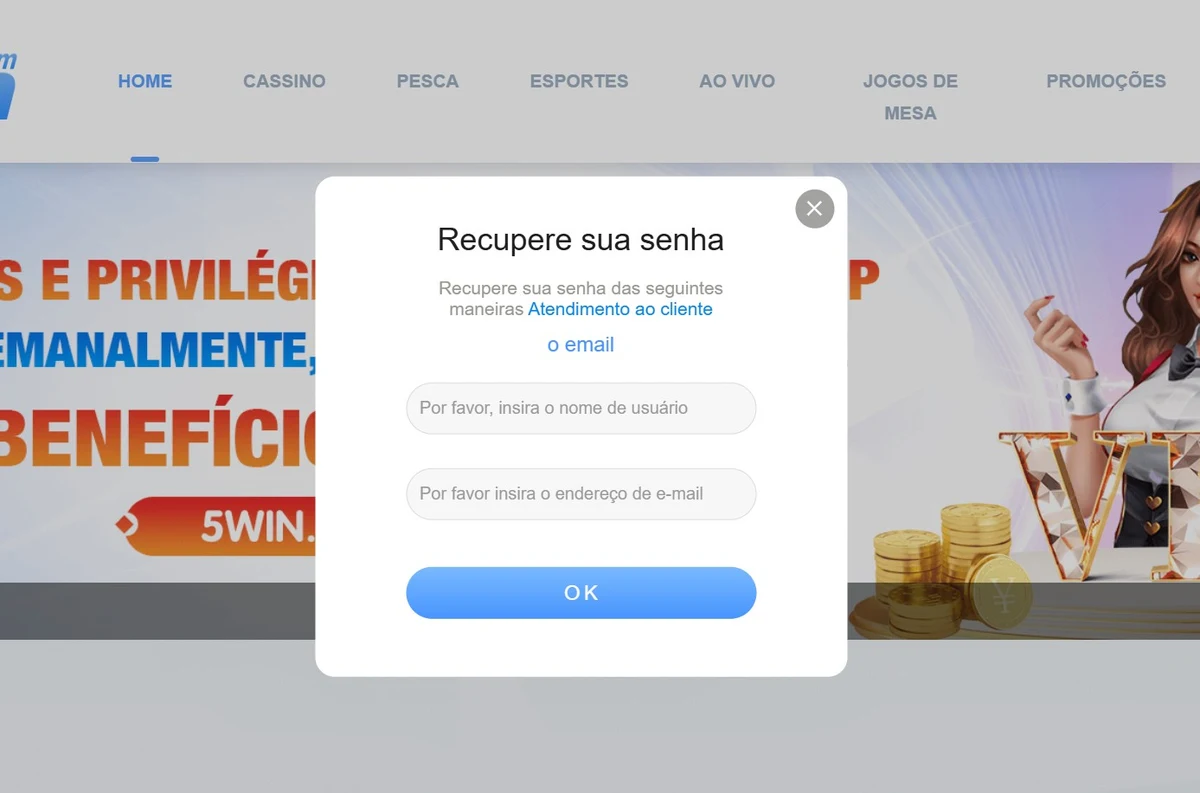 Recuperar senha no 5win: modal com campos nome de usuário e e-mail mais opção de chat Tawk.to 24/7