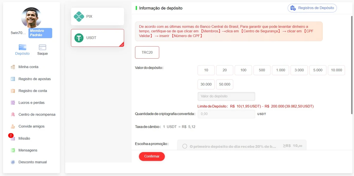 Depósito USDT TRC20 no 5win: câmbio 1 USDT = R$ 5,12 e limites de R$ 10 a R$ 200.000 por transação