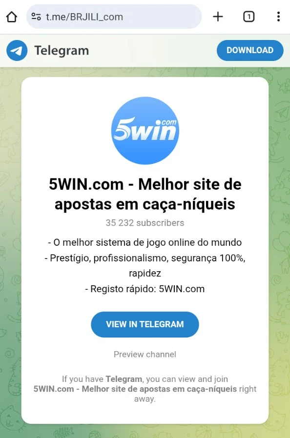 Canal Telegram do 5win Brasil com 35.232 inscritos: avisos de promoções, manutenção e novidades de catálogo